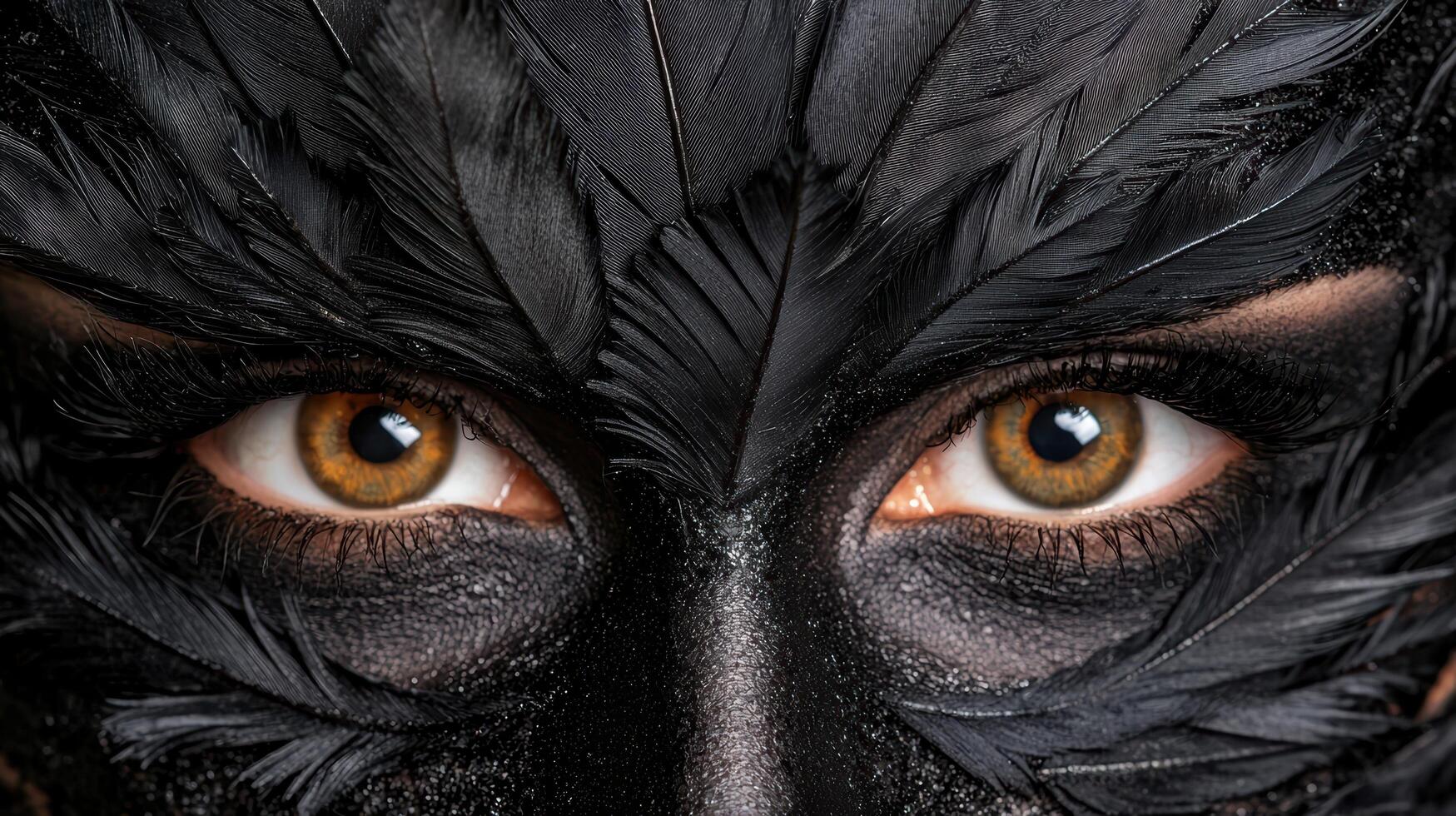 Close up of a womans face with black feathers and dramatic eye makeup photo