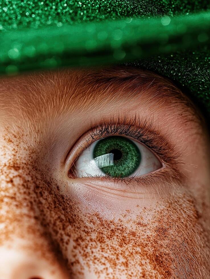 Close up of a green eye with freckles and a green hat photo