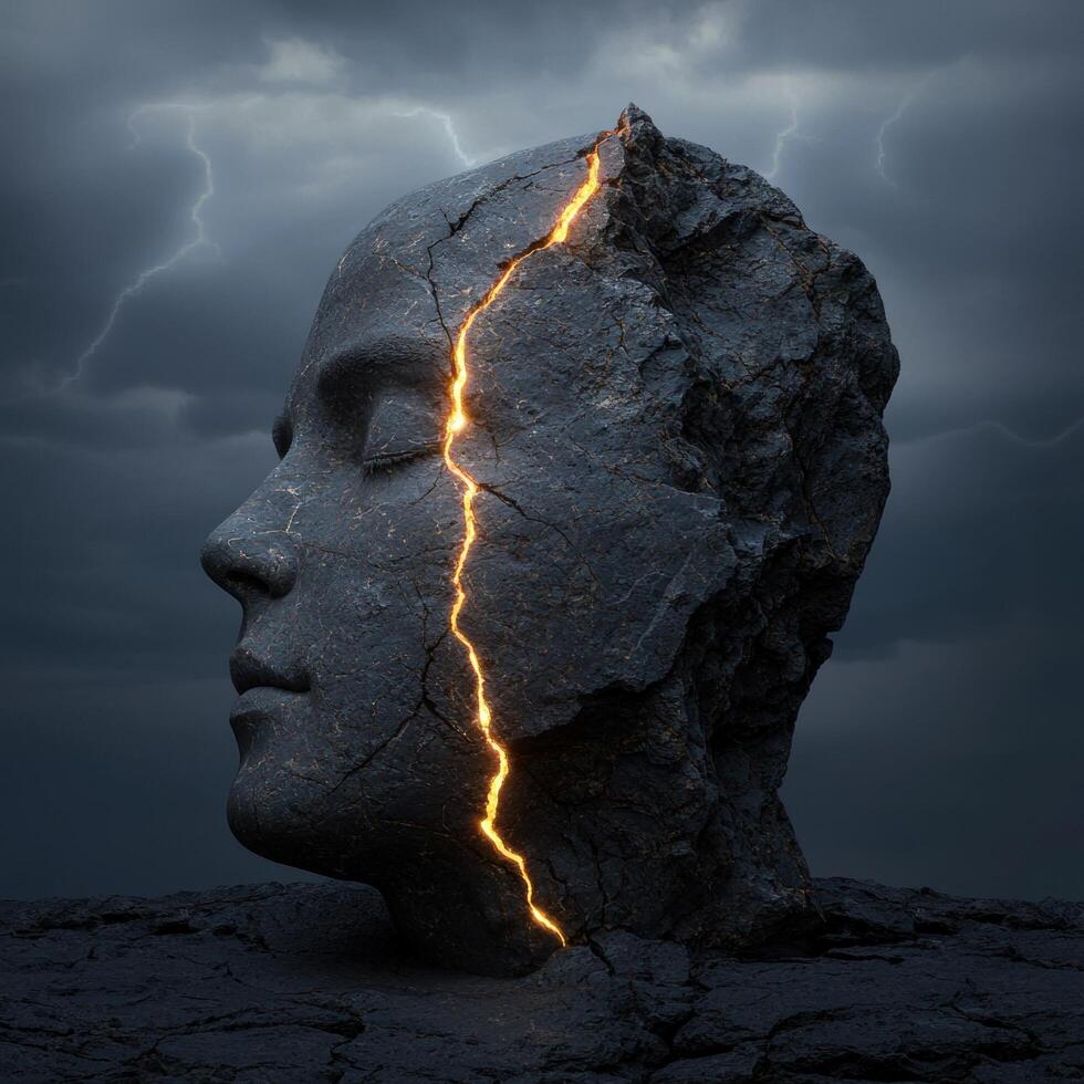 Stone head with crack and lightning background symbolizing mental health issues photo