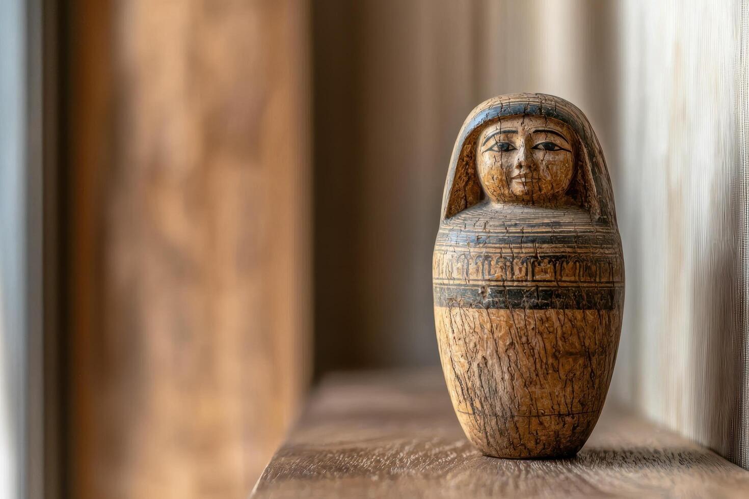 An Egyptian canopic jar on a wooden surface photo