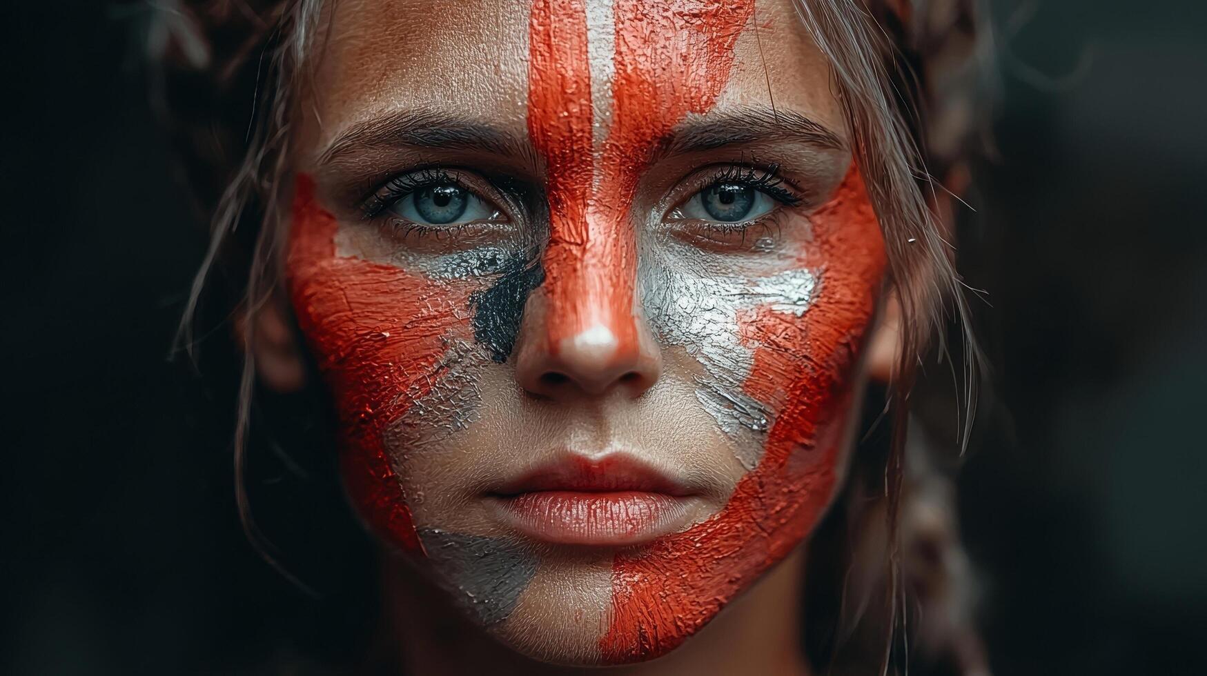 Woman with face paint in red, silver, and black photo