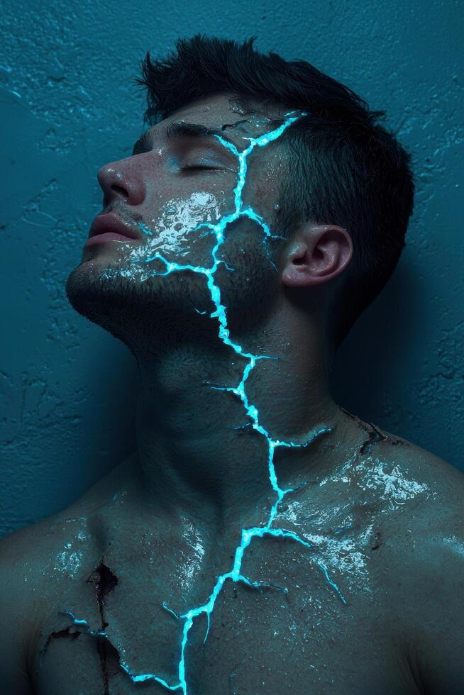 Man with glowing cracks on his skin, a surreal portrait photo