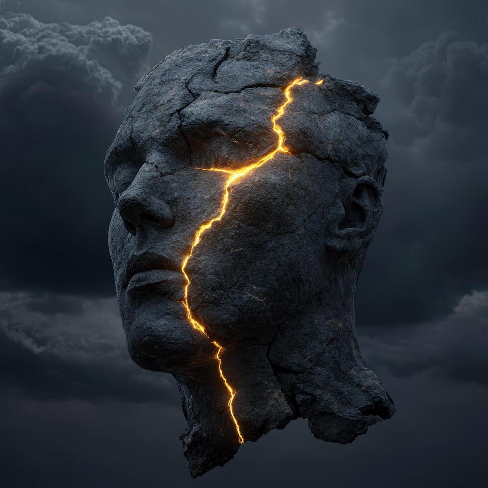 Stone head with a glowing crack against a stormy sky, symbolizing inner turmoil and resilience photo