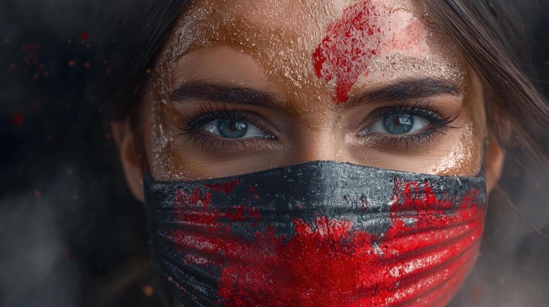 Close up of a womans face with war paint and a mask photo
