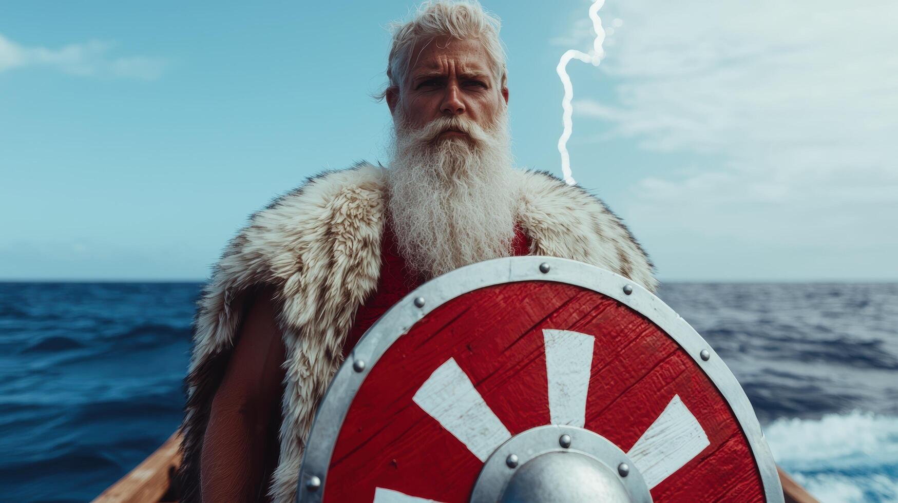 A viking with a shield on a boat during a storm photo