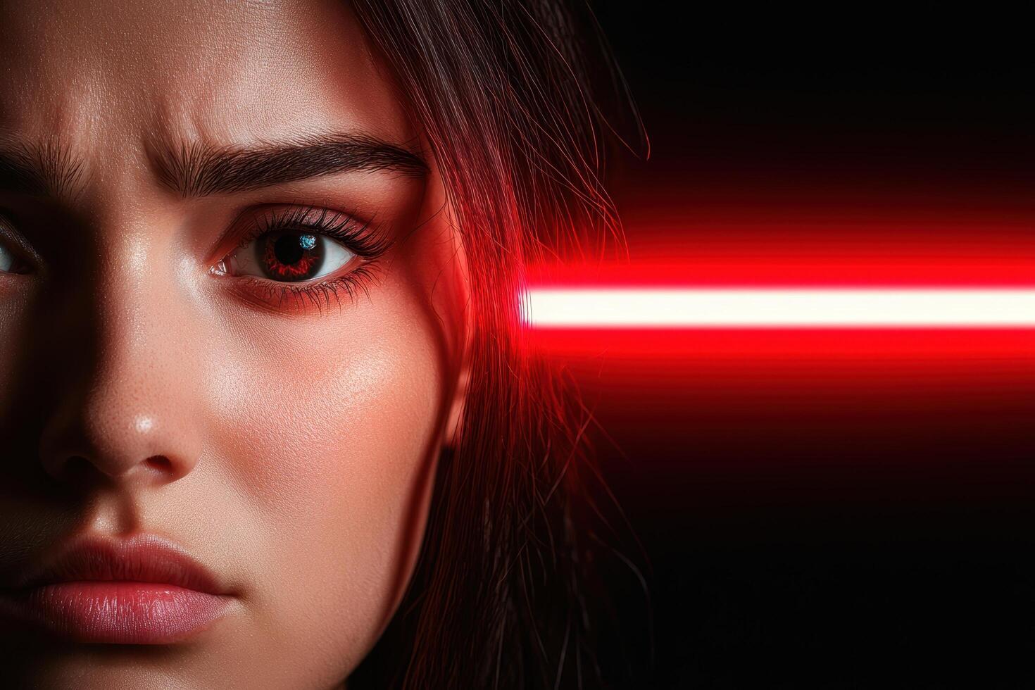 Woman with red glowing eyes and laser vision photo