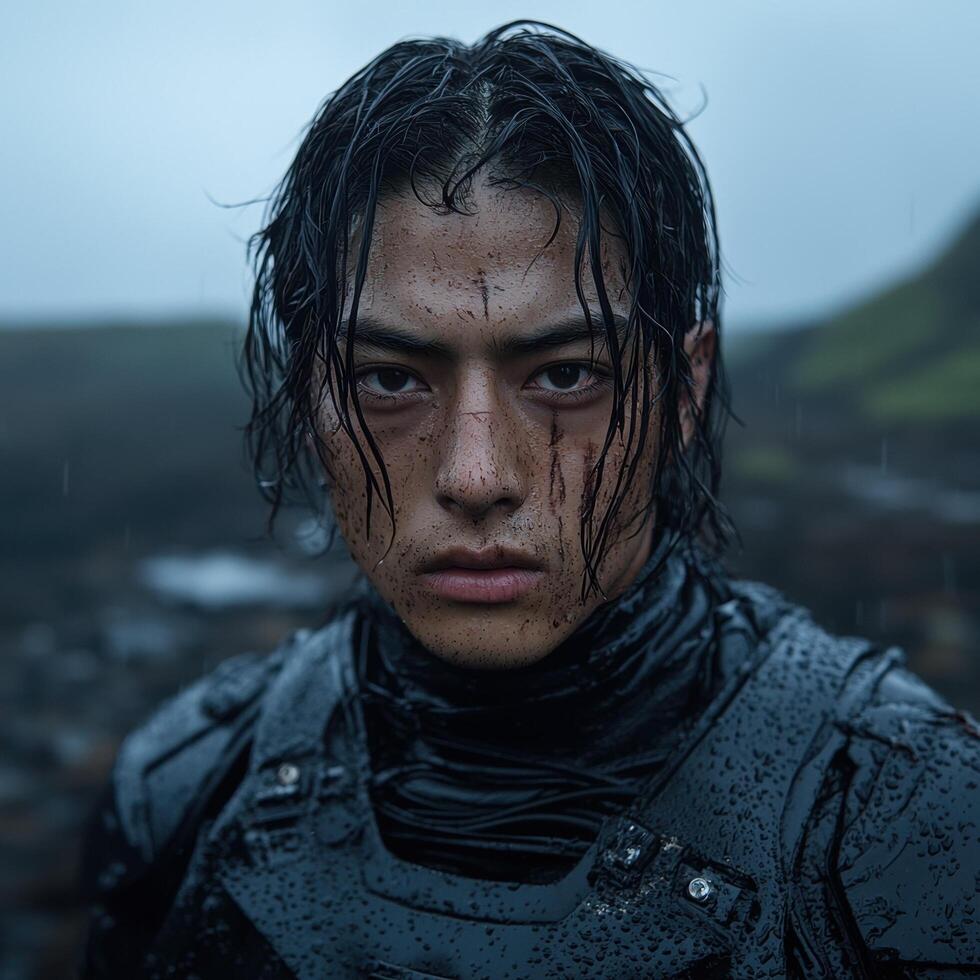 A determined warrior stands in the rain, battle worn and resilient photo