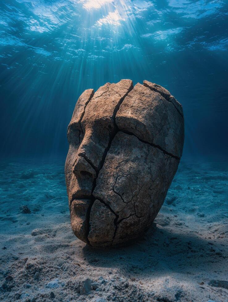 Sunlight filters through the water to illuminate a broken stone face on the seabed photo