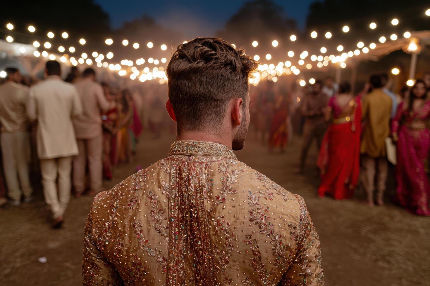 Man in traditional attire at an outdoor celebration with string lights photo