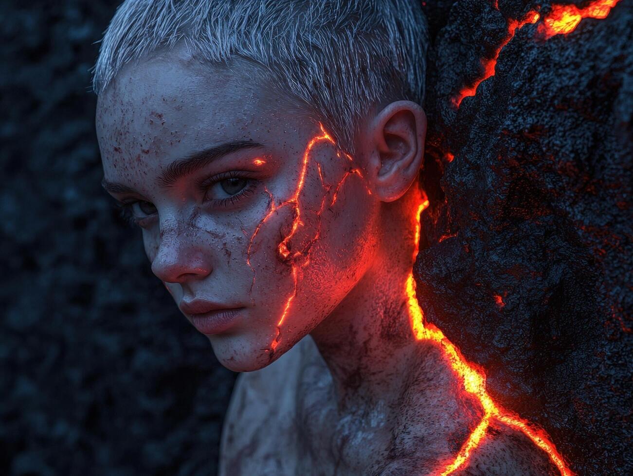 A woman with glowing cracks on her face stands next to a rock formation photo