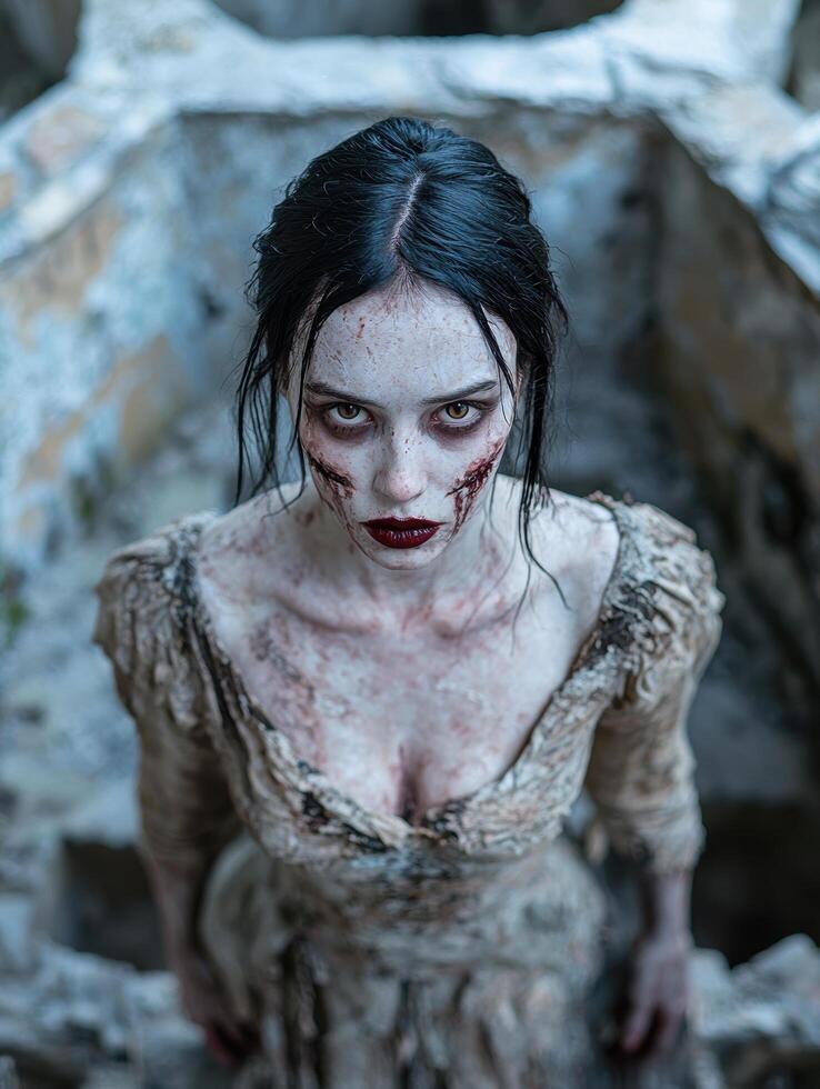 A woman with zombie makeup stares intensely at the camera photo