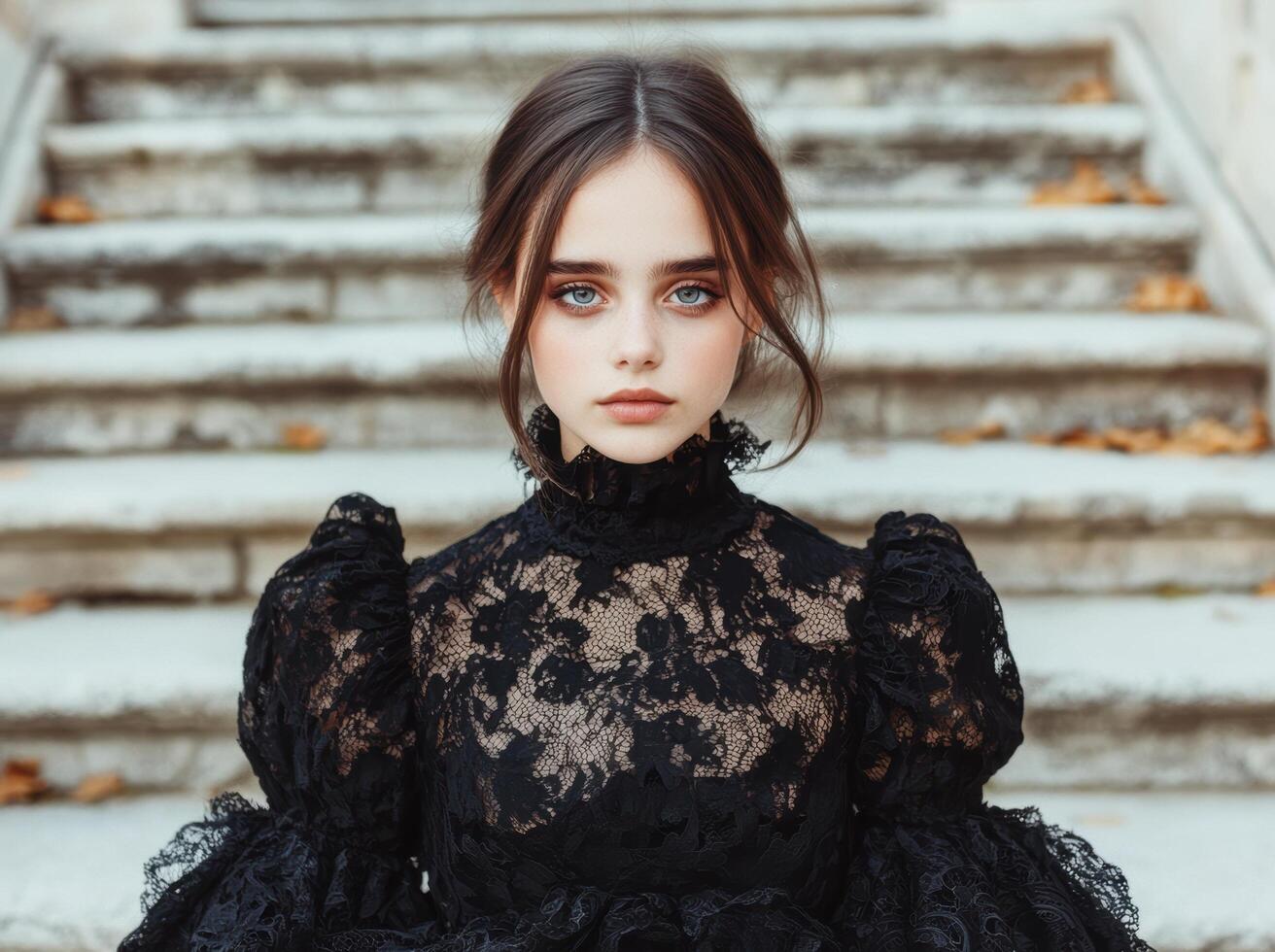 A portrait of a young woman in a black lace dress. photo