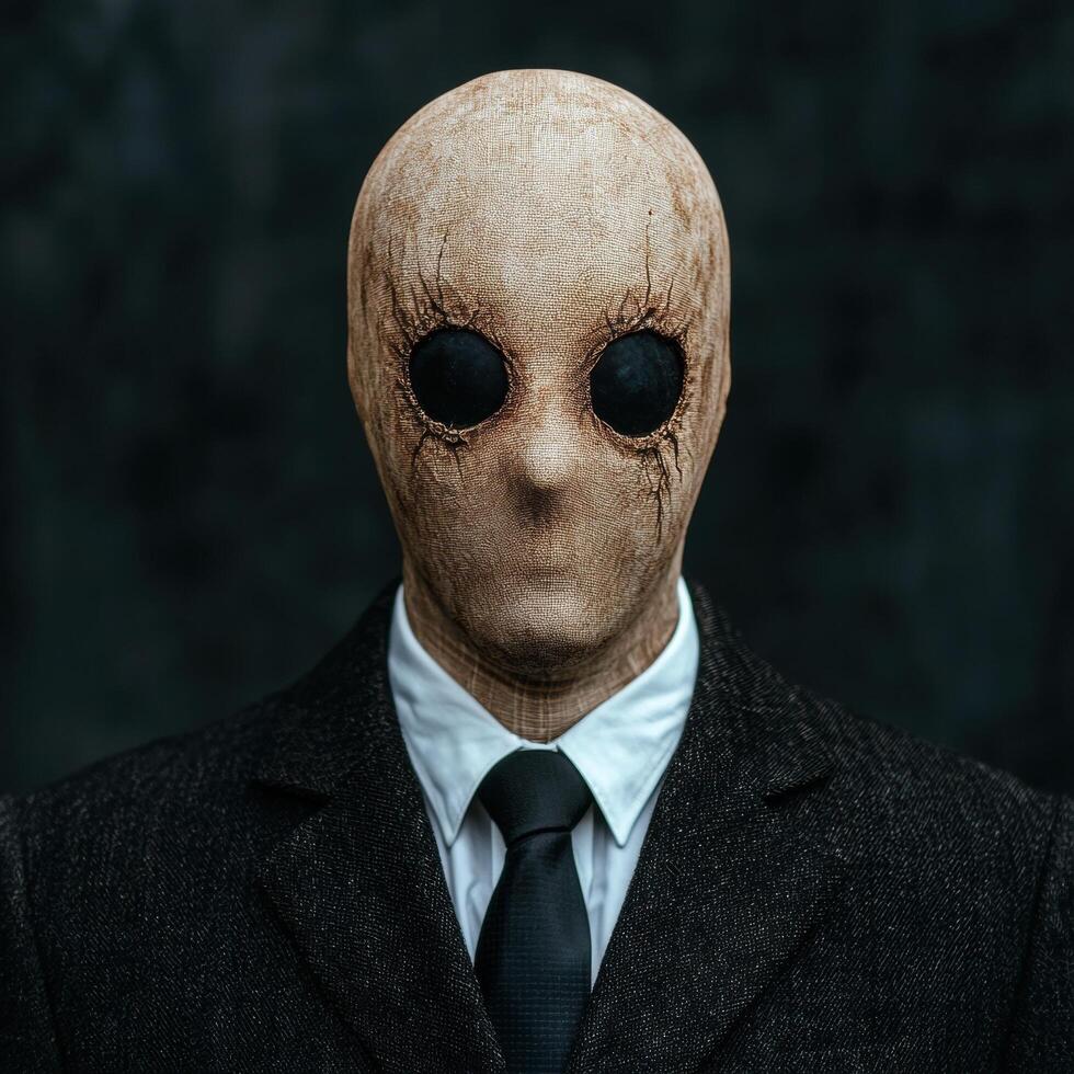 A creepy figure in a suit with a burlap sack mask photo