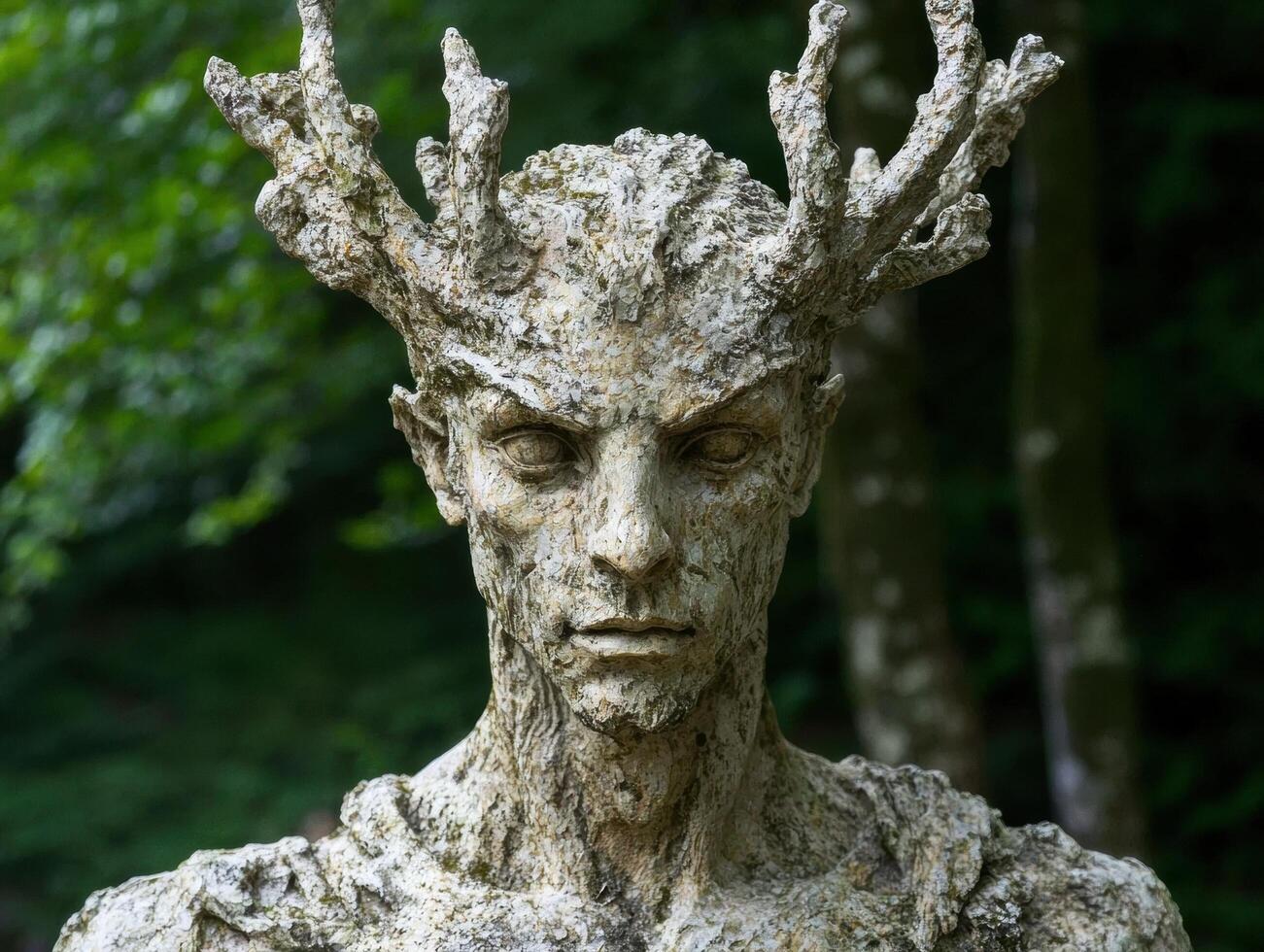 A stone statue of a mythical forest creature with antlers photo