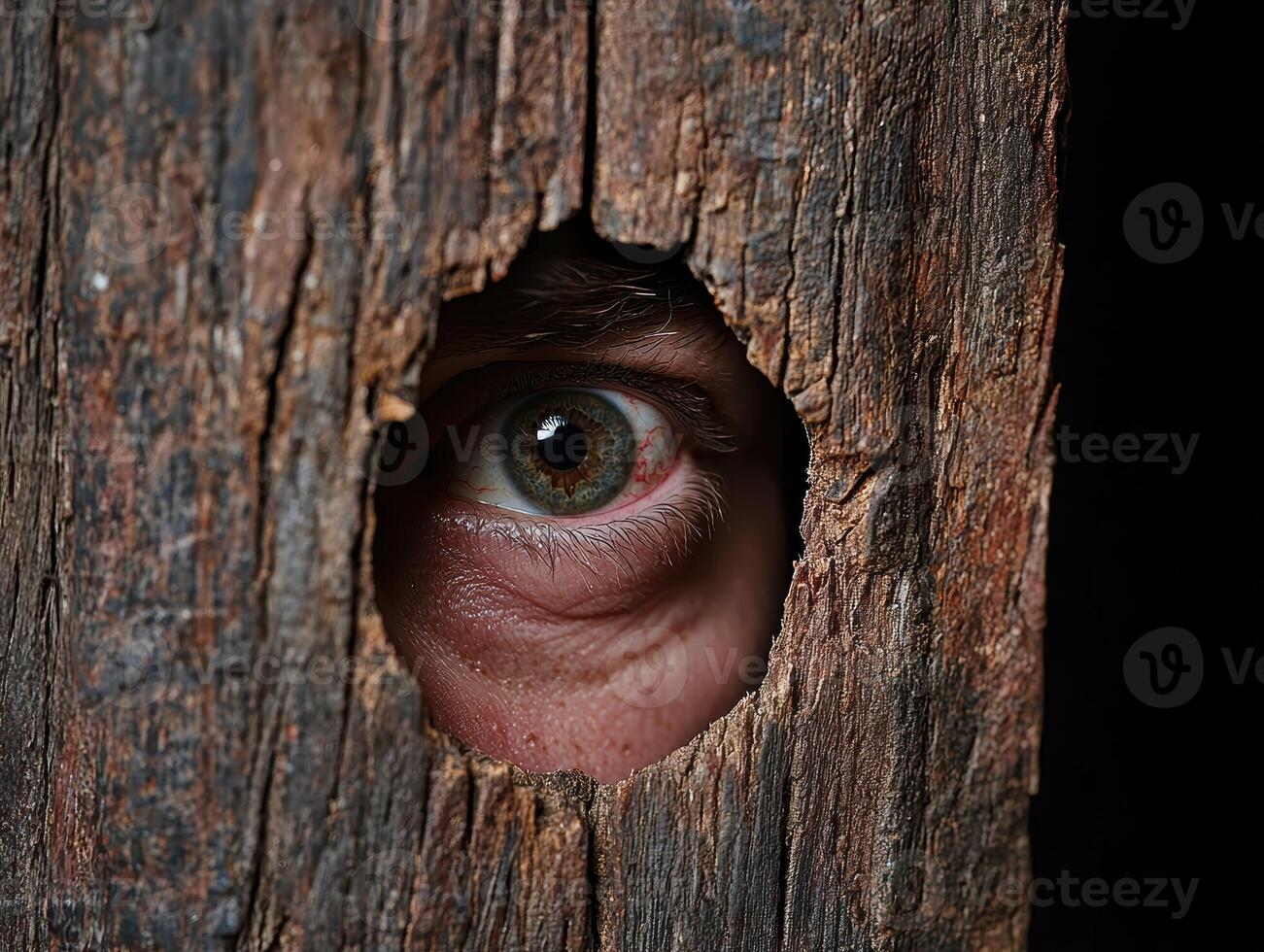 Eye peering through a hole in wood, creating a mysterious and intense scene photo
