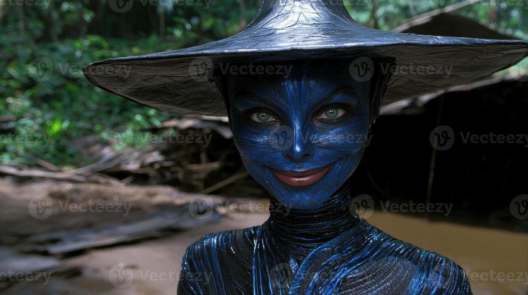 A woman with blue skin and a large hat smiles in a jungle setting photo