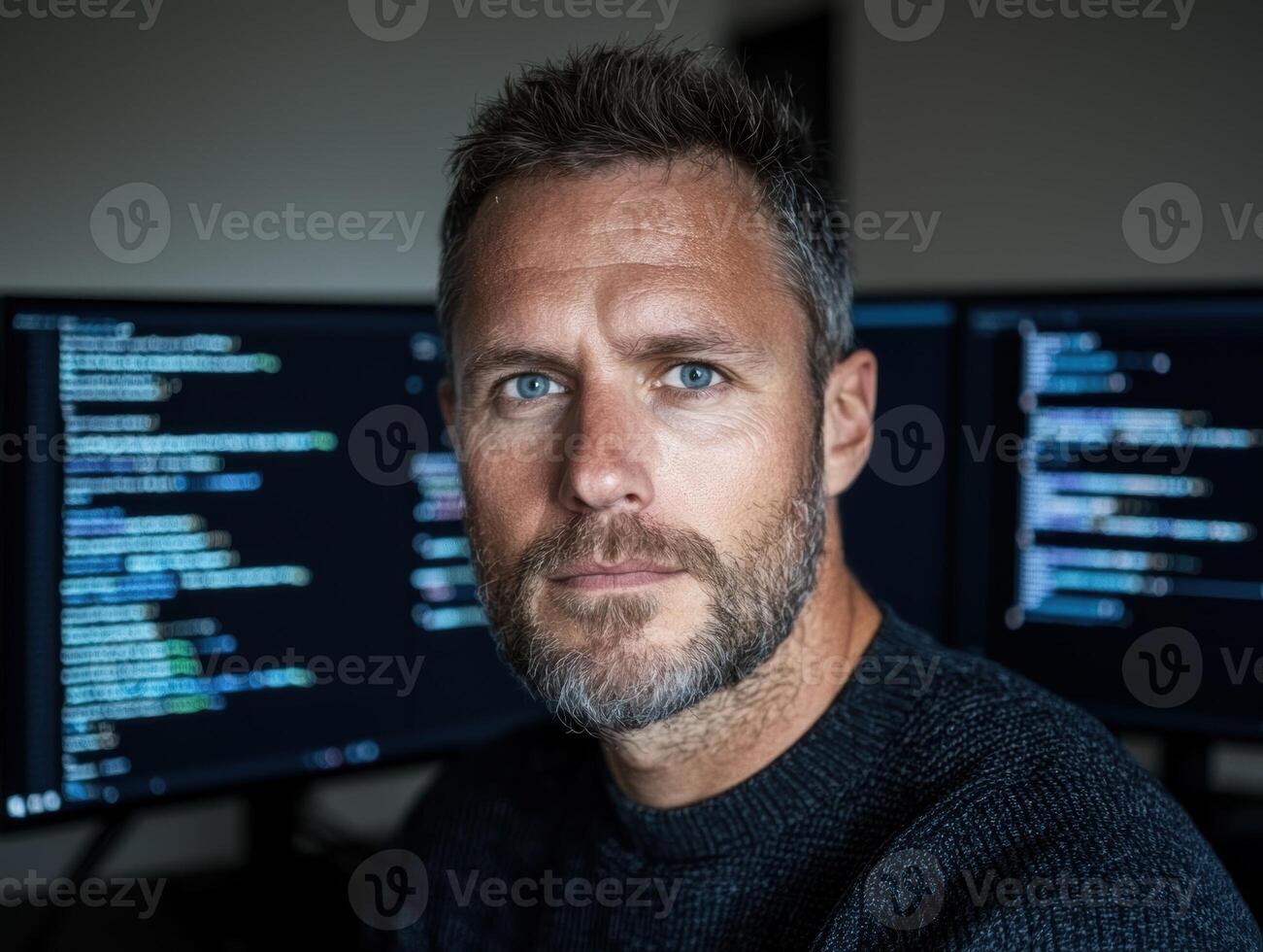 Man working on computer code at home photo