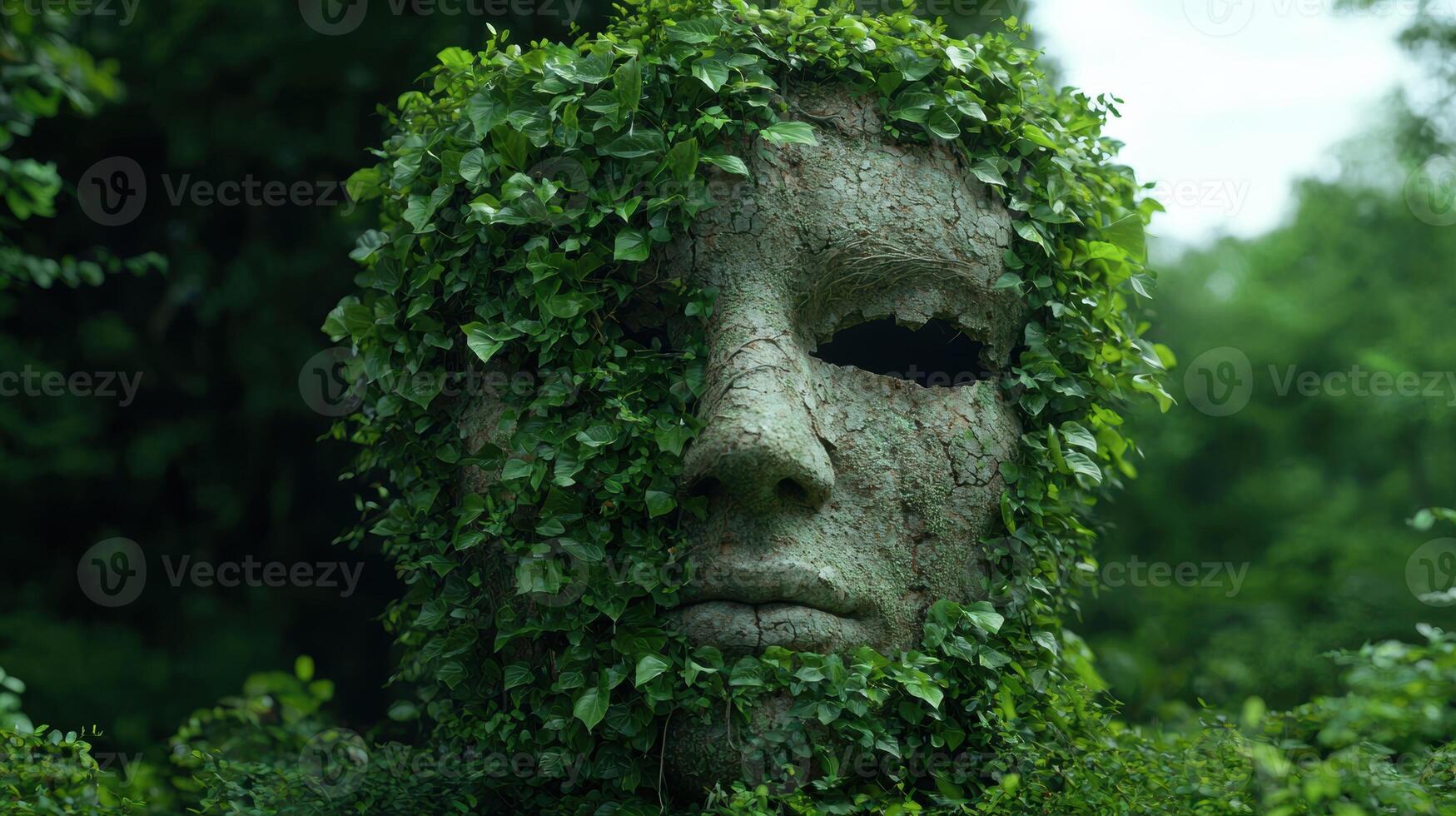 Stone face covered in lush green ivy in a forest setting photo