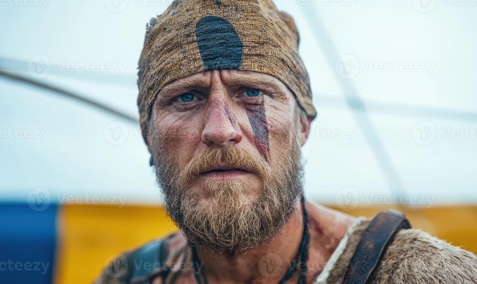 A rugged man with a battle wound and a determined look photo