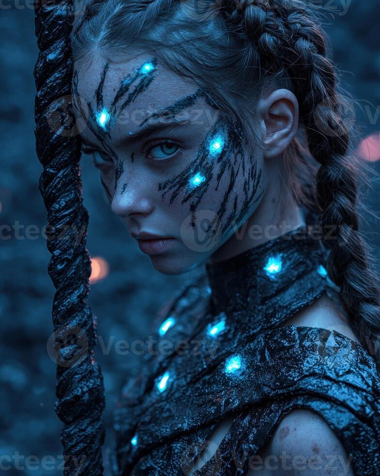 A fantasy warrior woman with glowing markings and braids photo