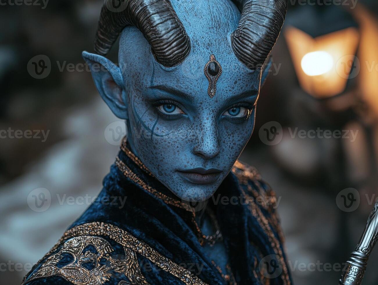Portrait of a blue skinned horned fantasy character photo