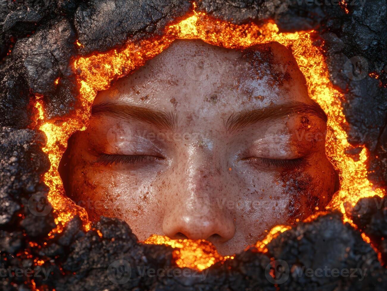 A womans face emerges from volcanic rock and lava photo