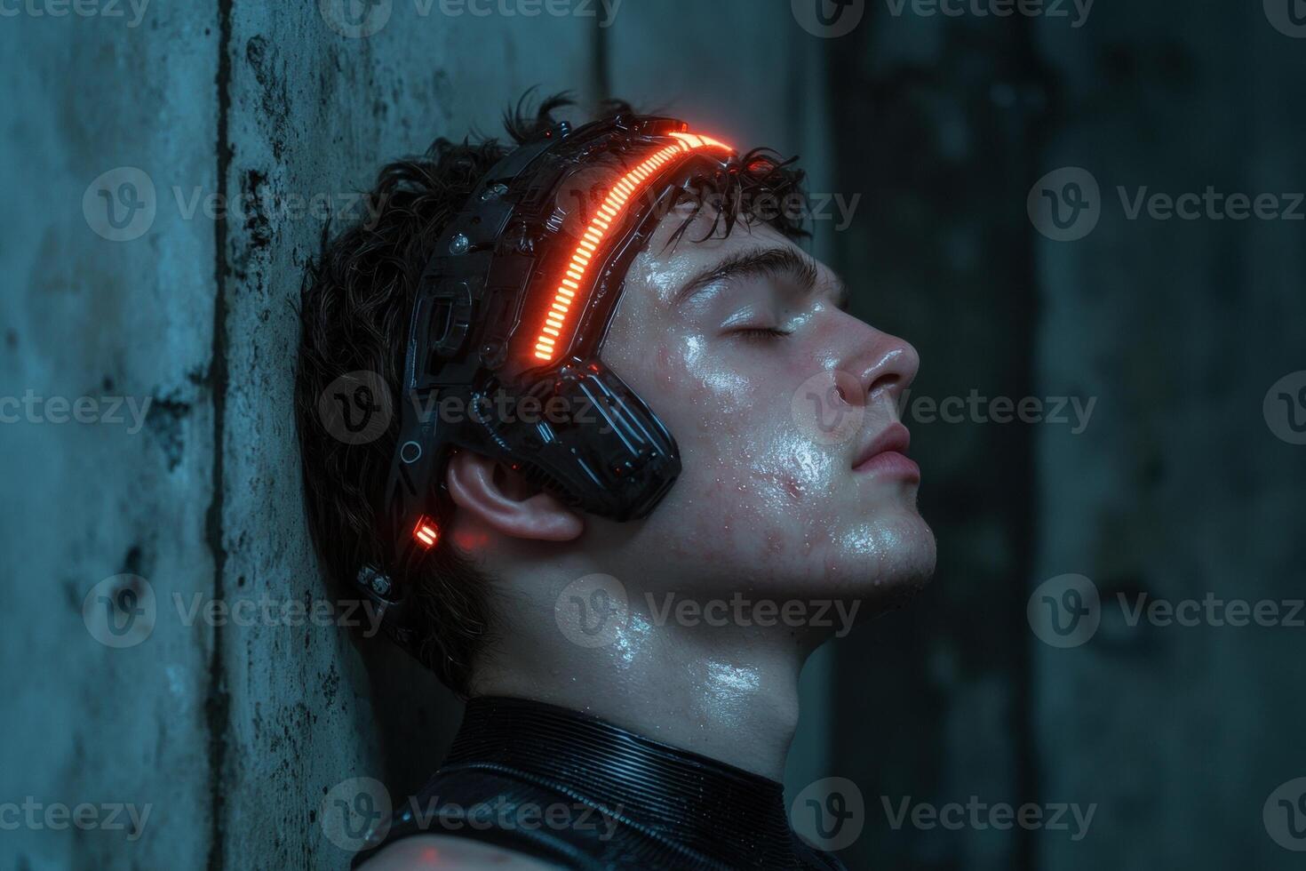 A futuristic man with a glowing headset leans against a wall photo