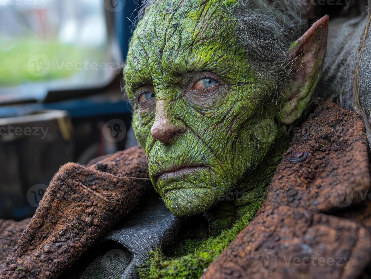 An otherworldly being with a green, moss covered face stares intently photo