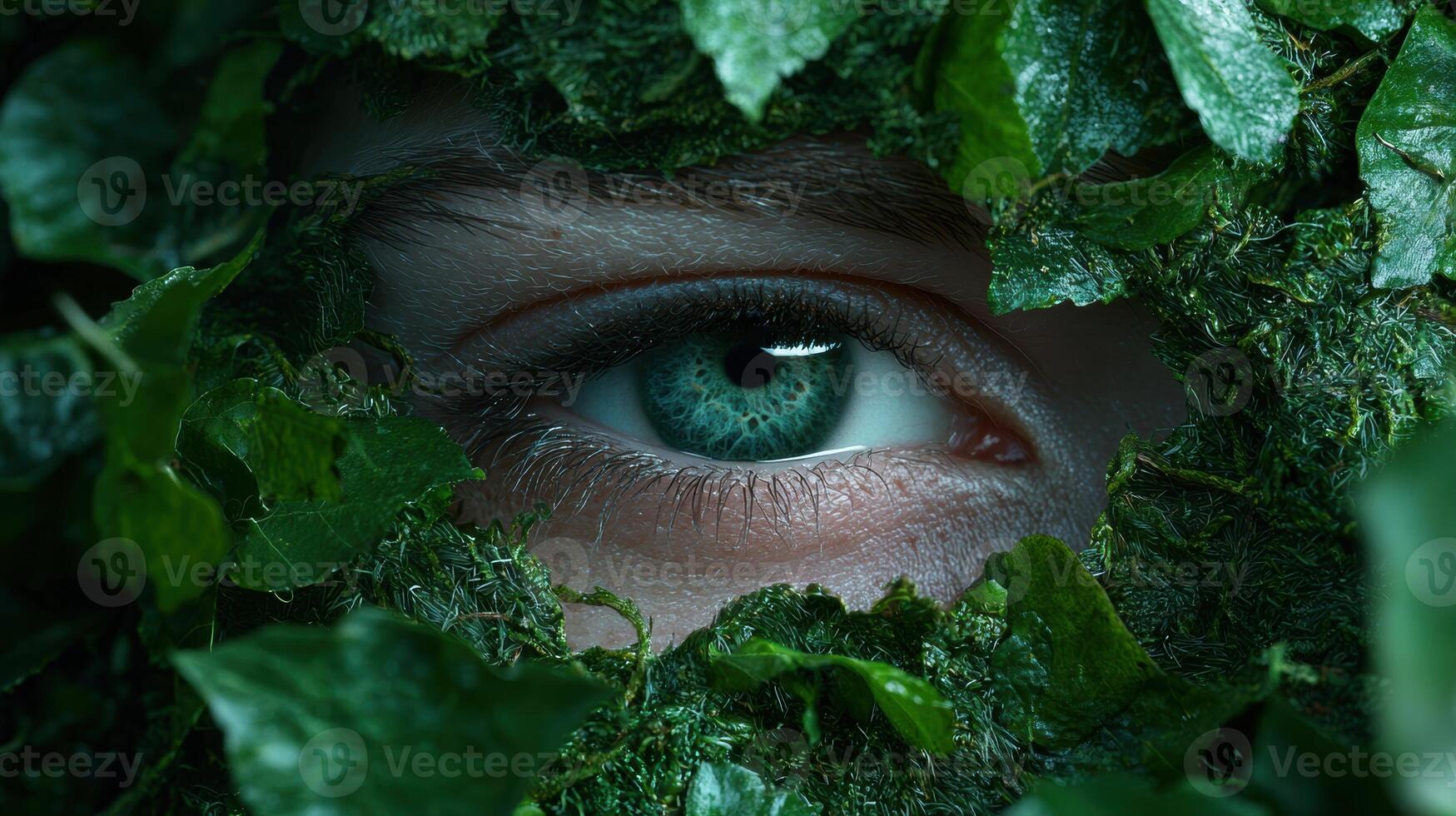 A mesmerizing eye surrounded by lush green foliage, blending nature and humanity photo