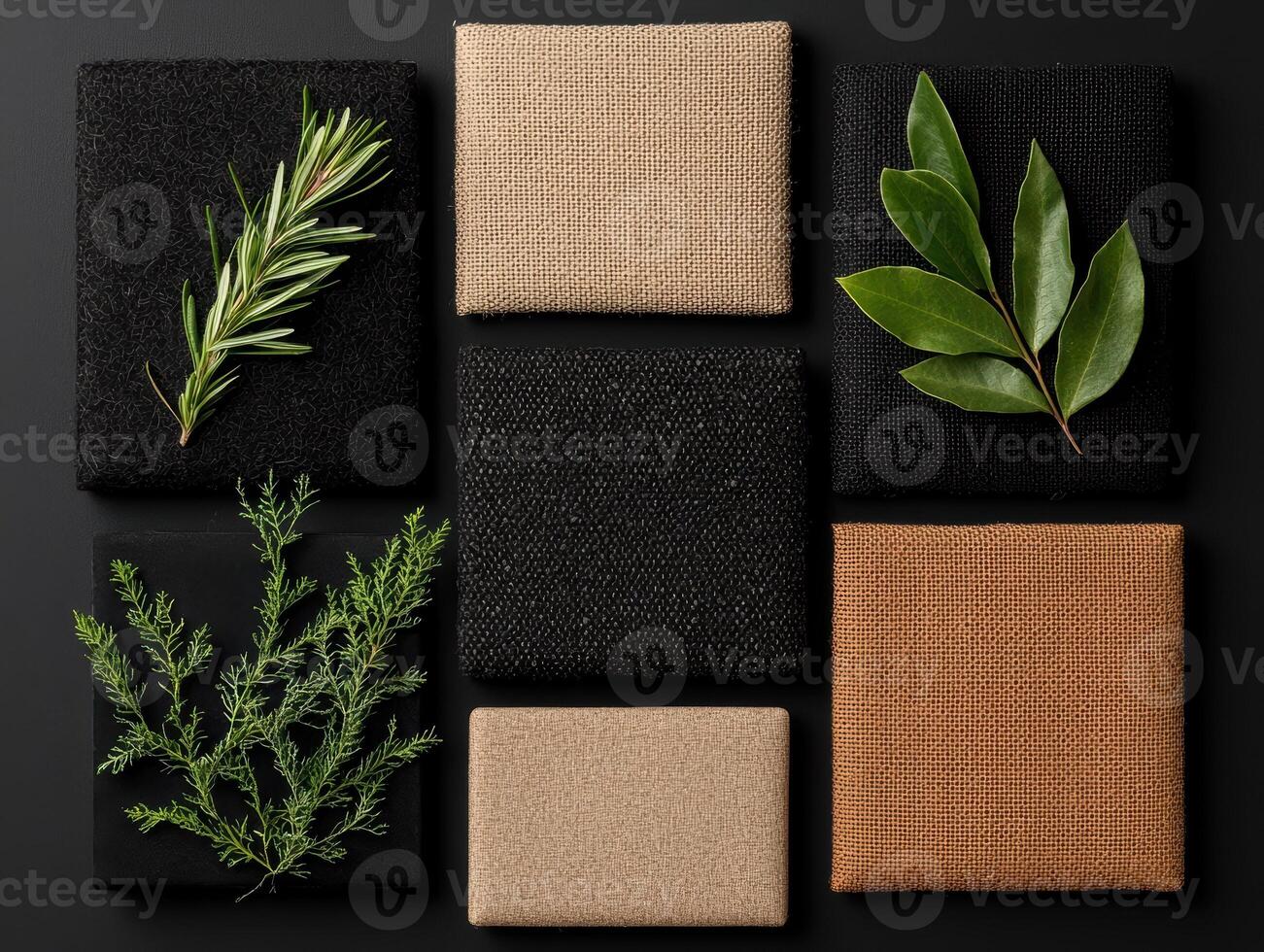 Squares of natural fabrics and greenery on a dark background photo
