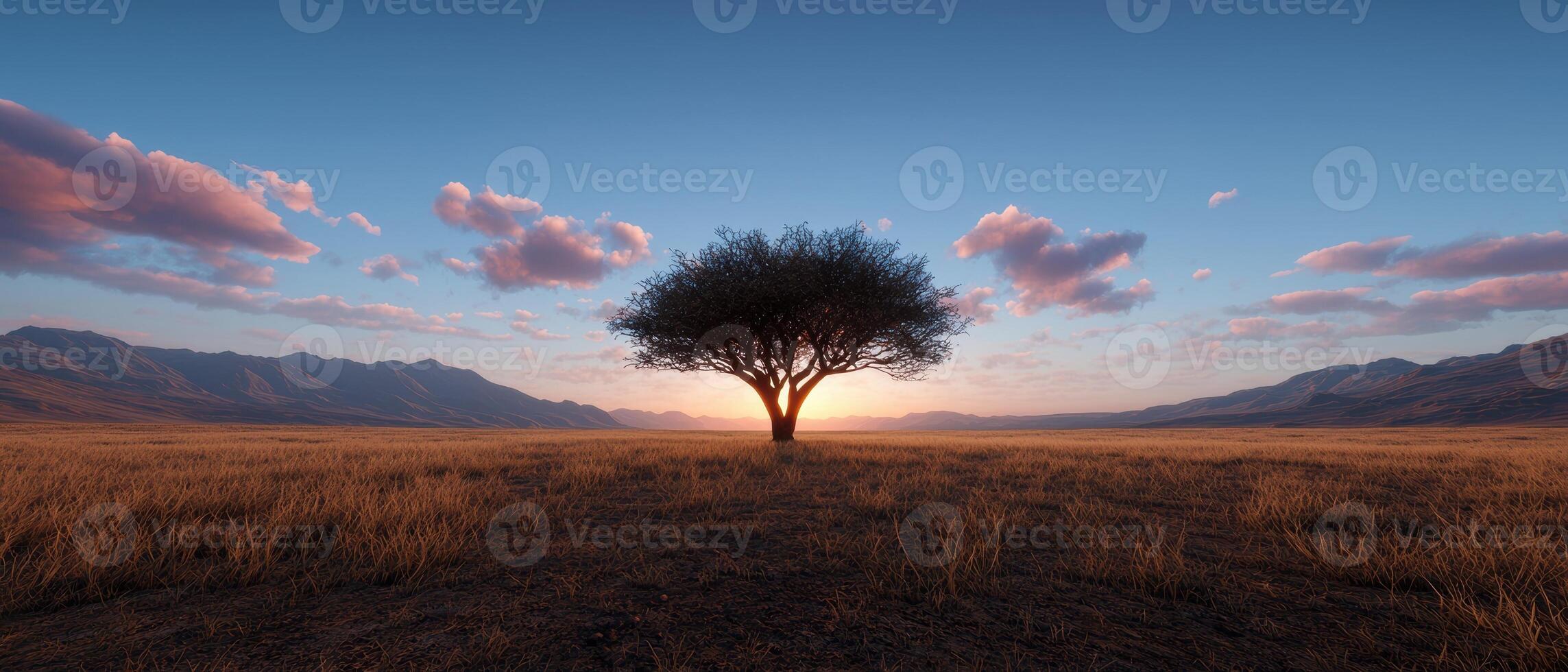 A lone tree stands silhouetted in a field at sunset photo