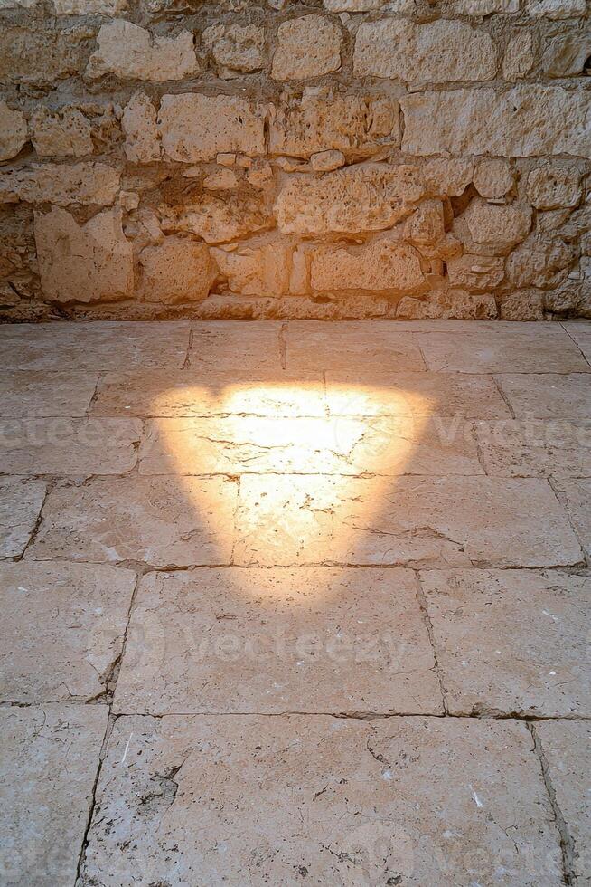 Sunlight creates a triangle pattern on a stone floor next to a stone wall photo