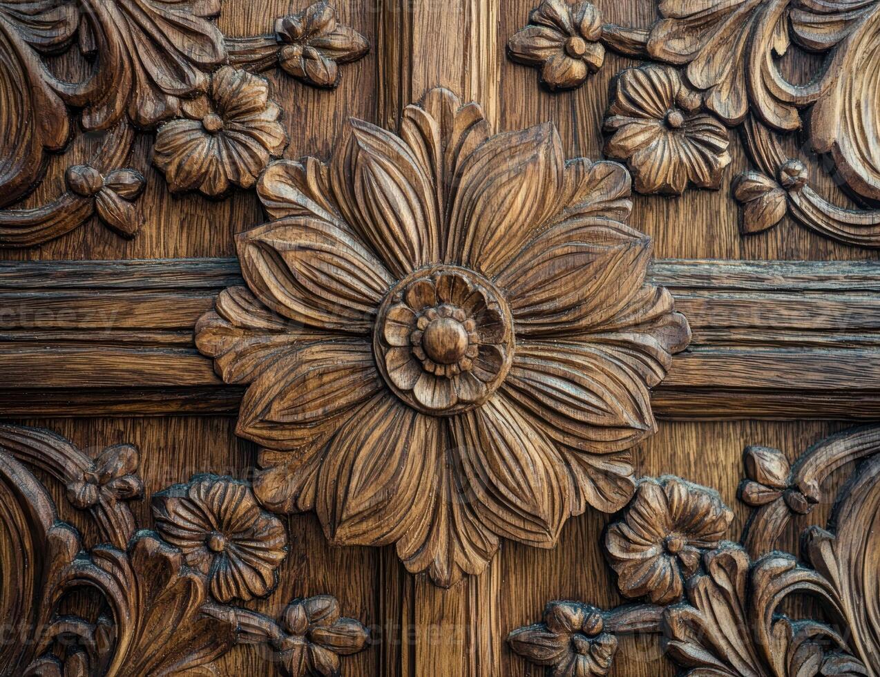 Detailed wood carving of a flower on a door photo