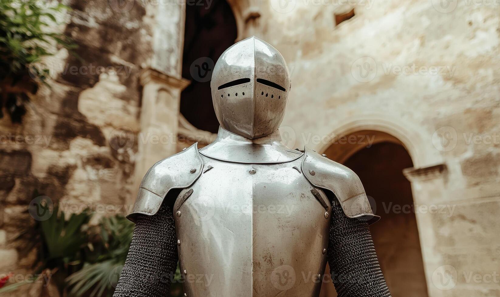 Medieval knight armor stands guard in a courtyard photo