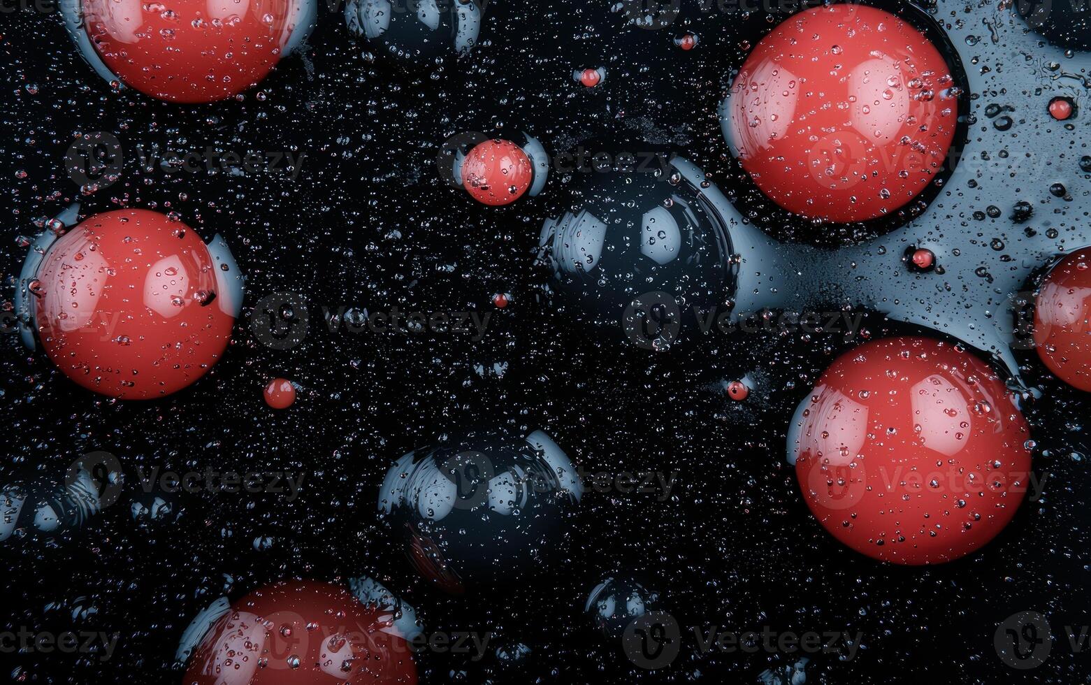 Abstract red and black spheres with water droplets on a dark background photo
