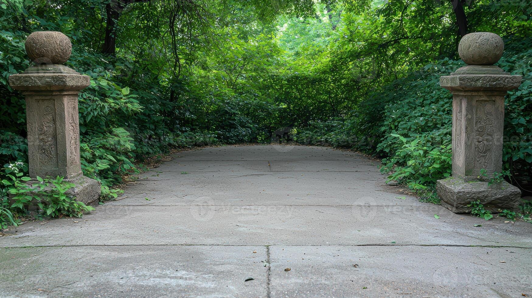Pathway through a lush green park with stone pillars photo