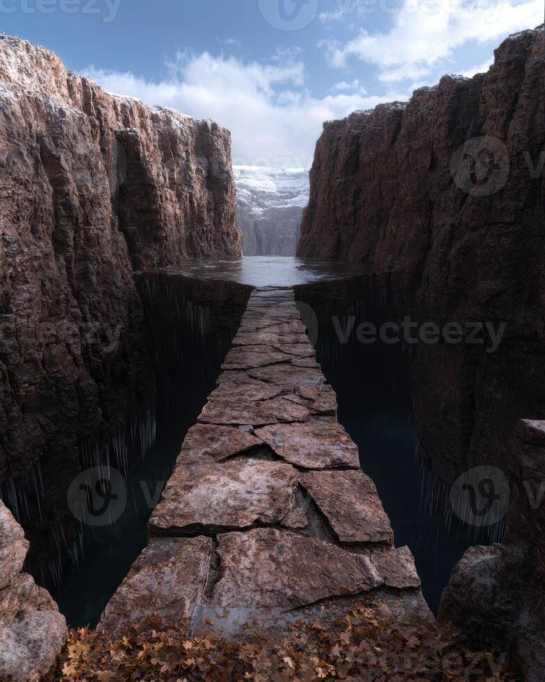 Stone path through a canyon with water and icicles photo