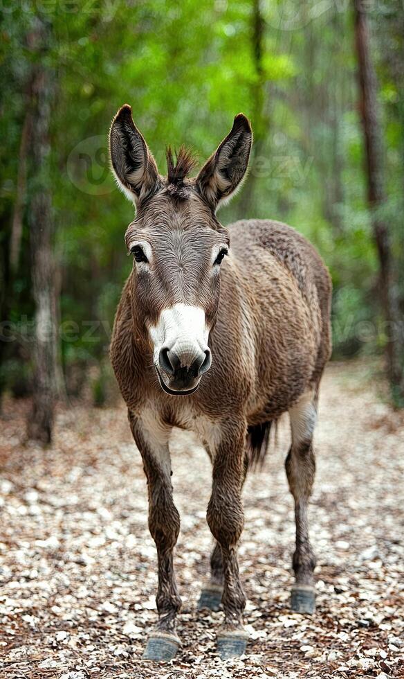 Donkey standing in a forest clearing photo