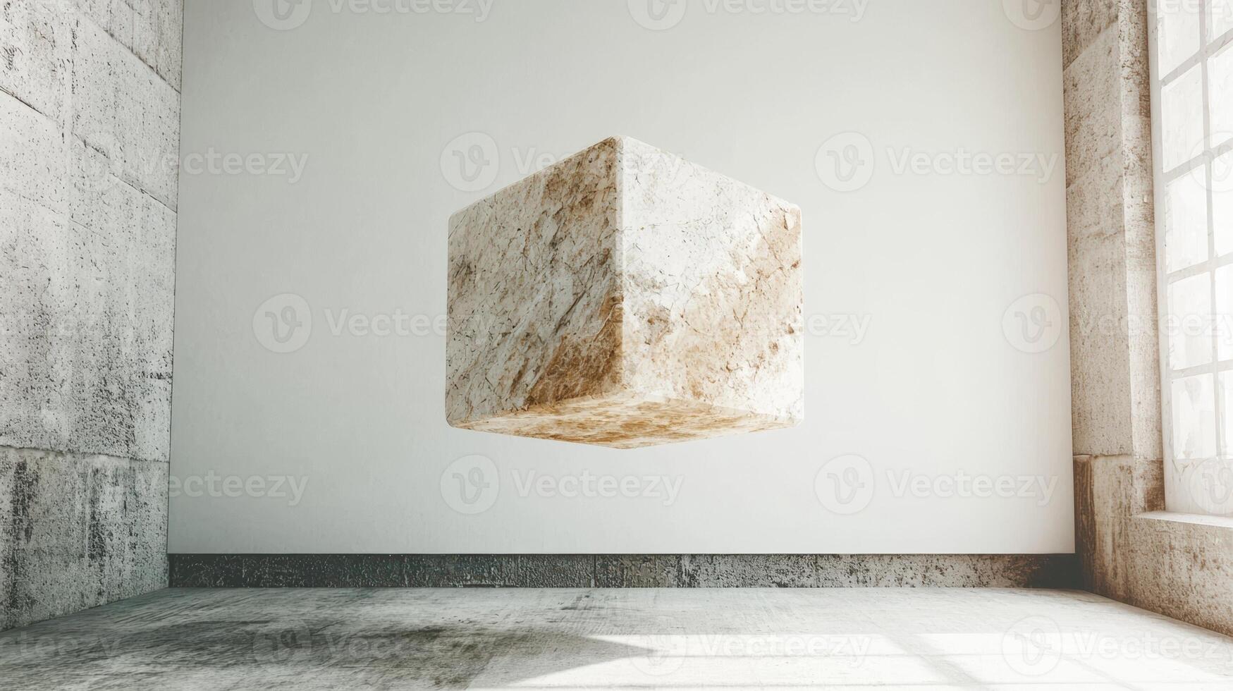 Abstract stone cube floating in a bright room photo