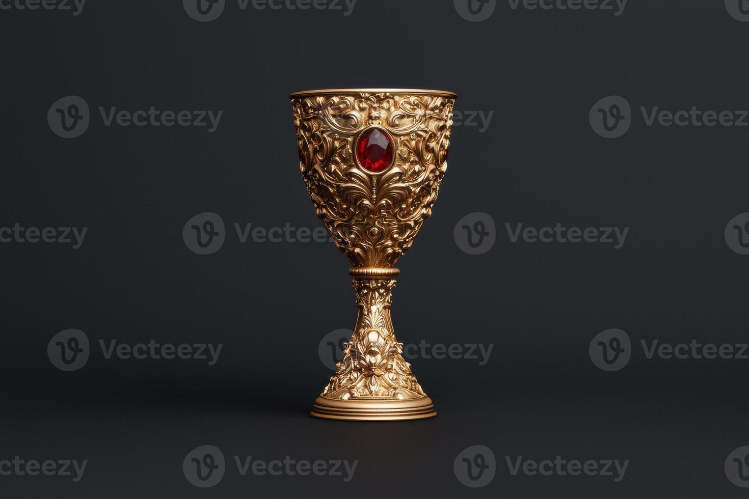 Ornate golden goblet with a red gem on a dark background. photo