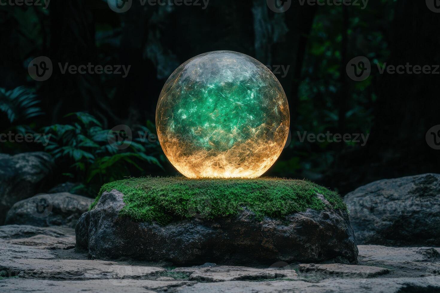 Glowing orb resting on mossy rock in a forest photo