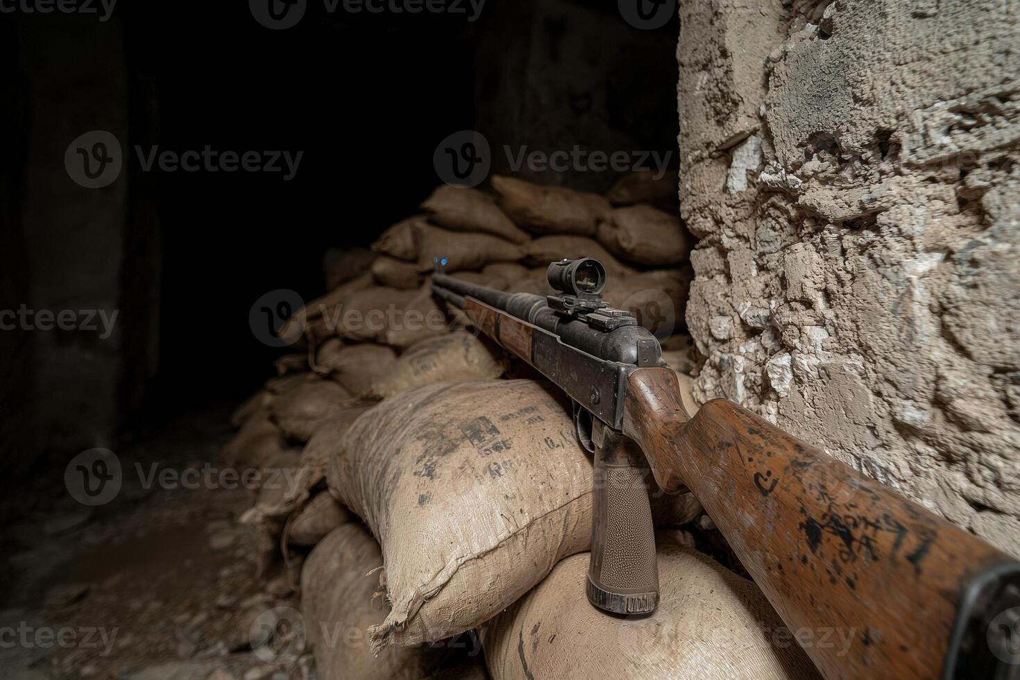 Rifle resting on sandbags in a bunker photo