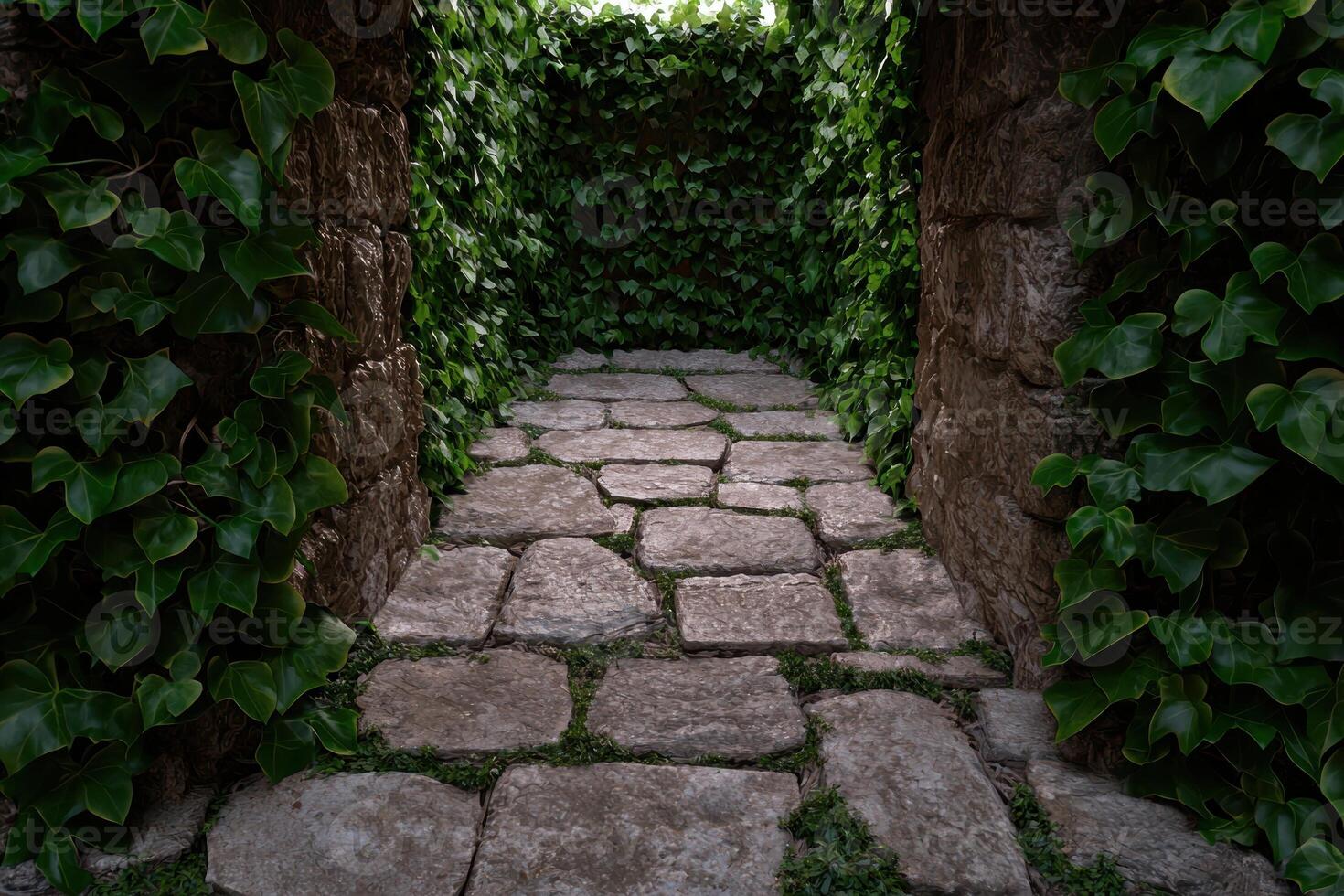 Stone path tunnel covered in ivy photo