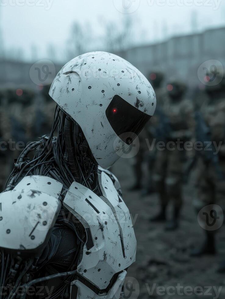 Futuristic robot soldier with advanced technology in a war zone photo