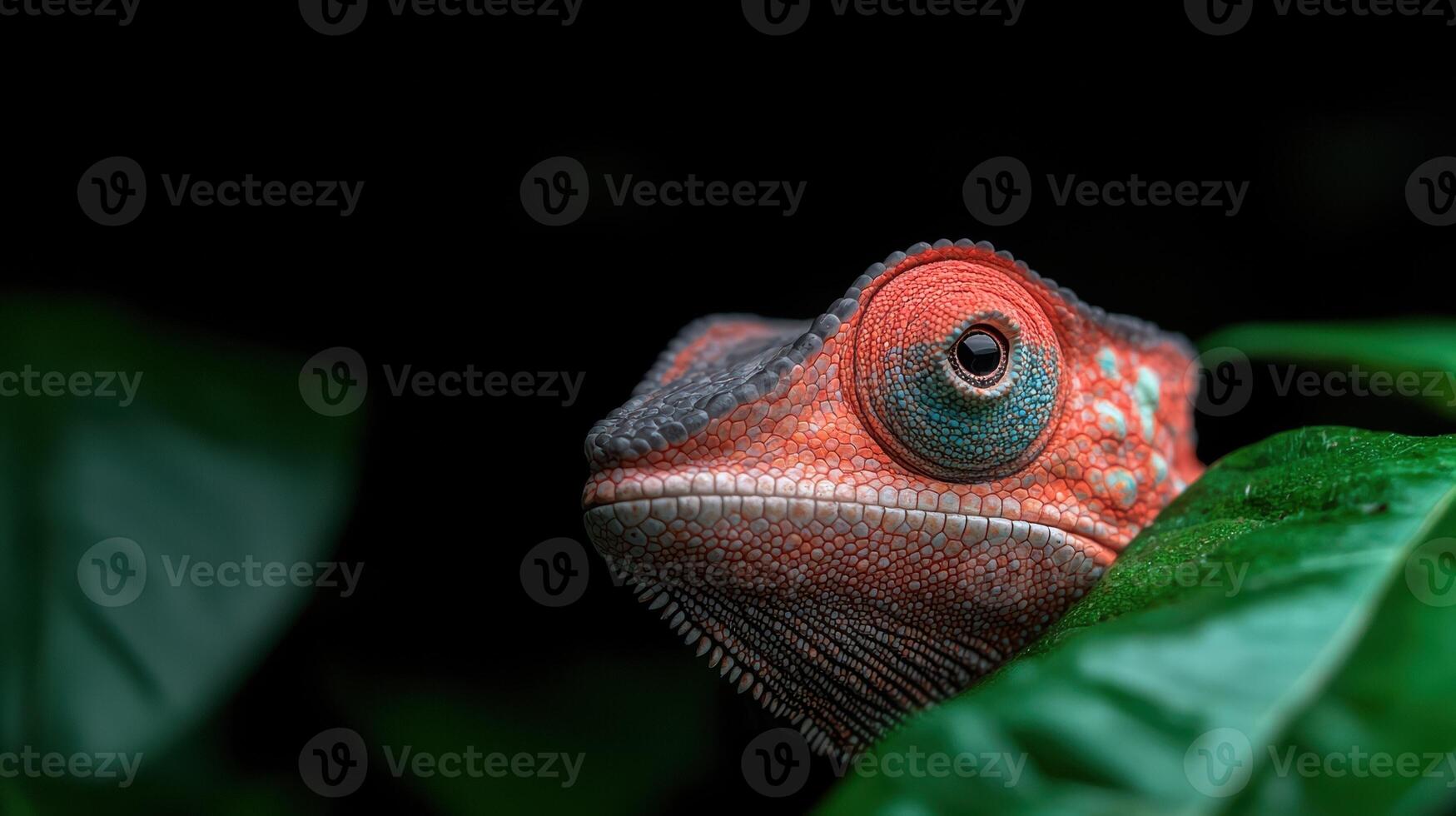 A colorful chameleon resting on a leaf photo