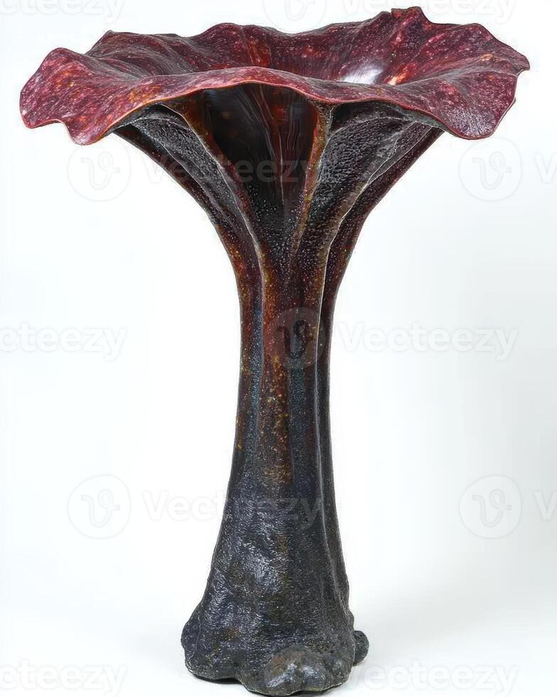 An abstract vase with a unique organic form and dark red color photo
