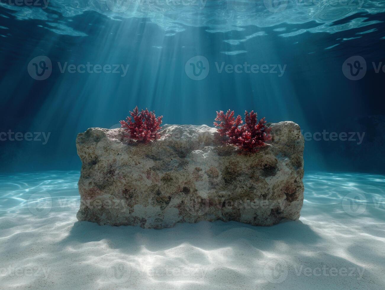 Underwater scene with coral on a rock in the ocean photo