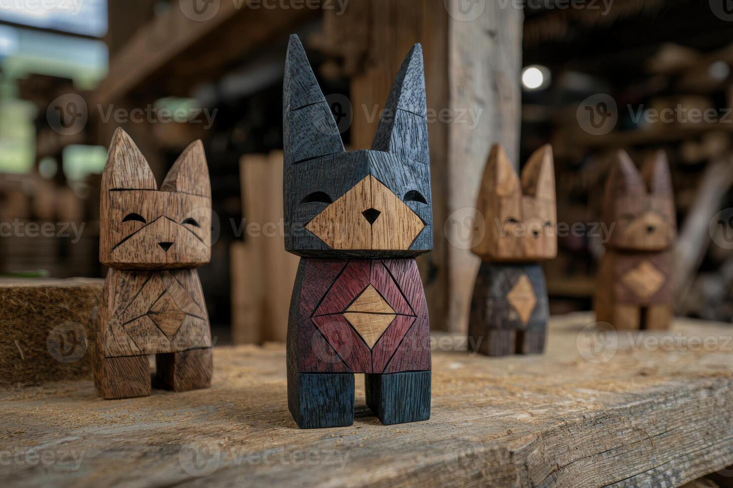 Handcrafted wooden animal figurines on a workbench photo