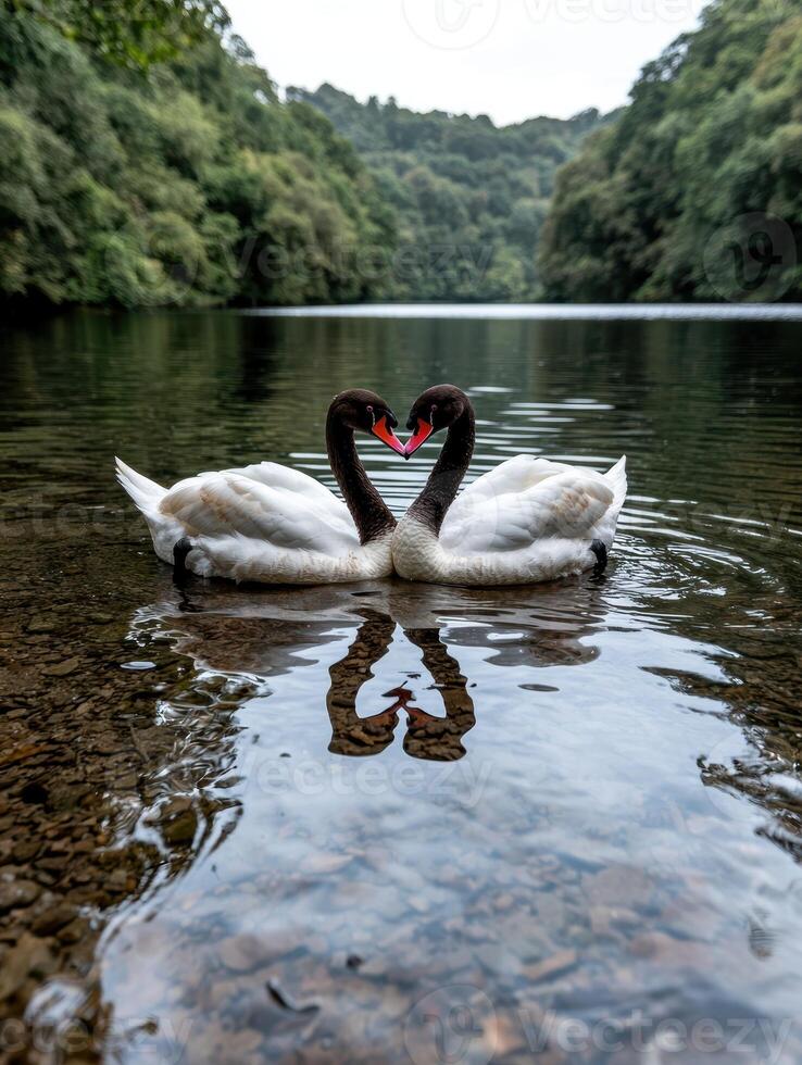 Two black necked swans forming a heart shape with their necks on a lake photo