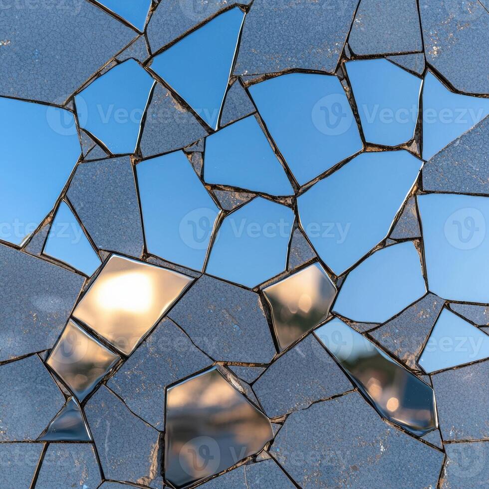 Abstract mosaic mirror reflecting the sky and sun photo